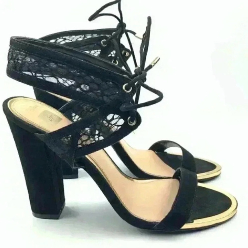 Aldo Black Lace Heels with Gold Accents